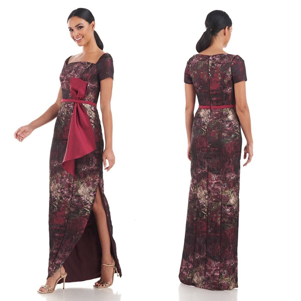 Kay Unger Layne Jacquard Column Formal Dress Lined Bow Side Slit Size 2 NWT